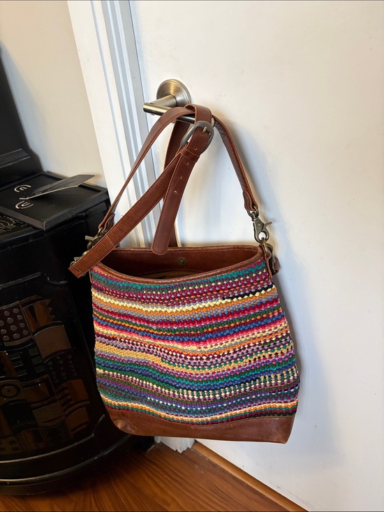 Handbags - Large Jute And Cotton Multicolor Crochet Shoulder Bag with Brown Leather Trim